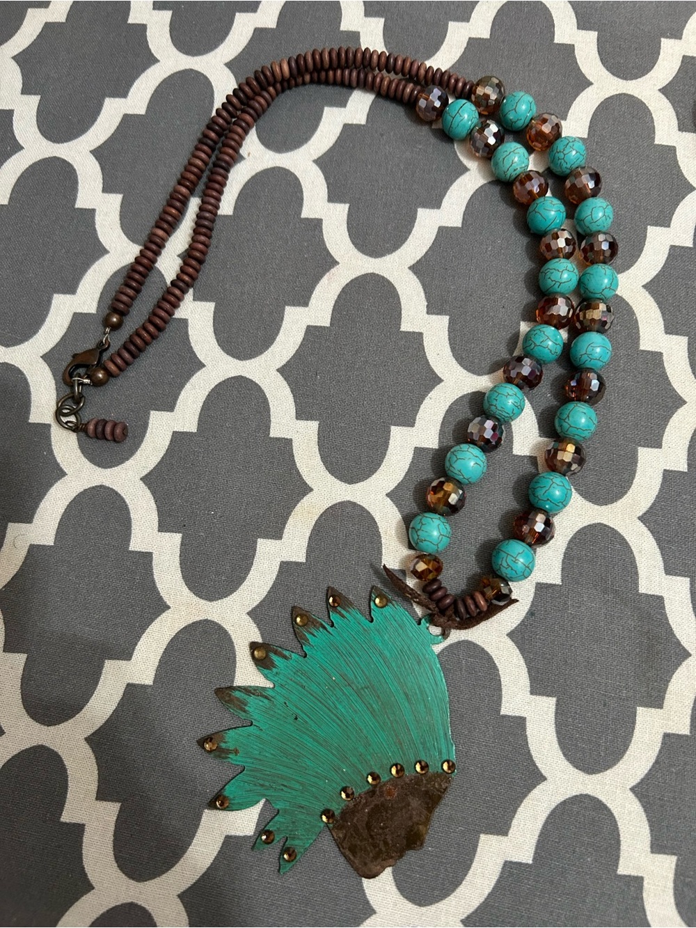 Turquoise & Brown Beaded Statement Necklace with Indian Pendant